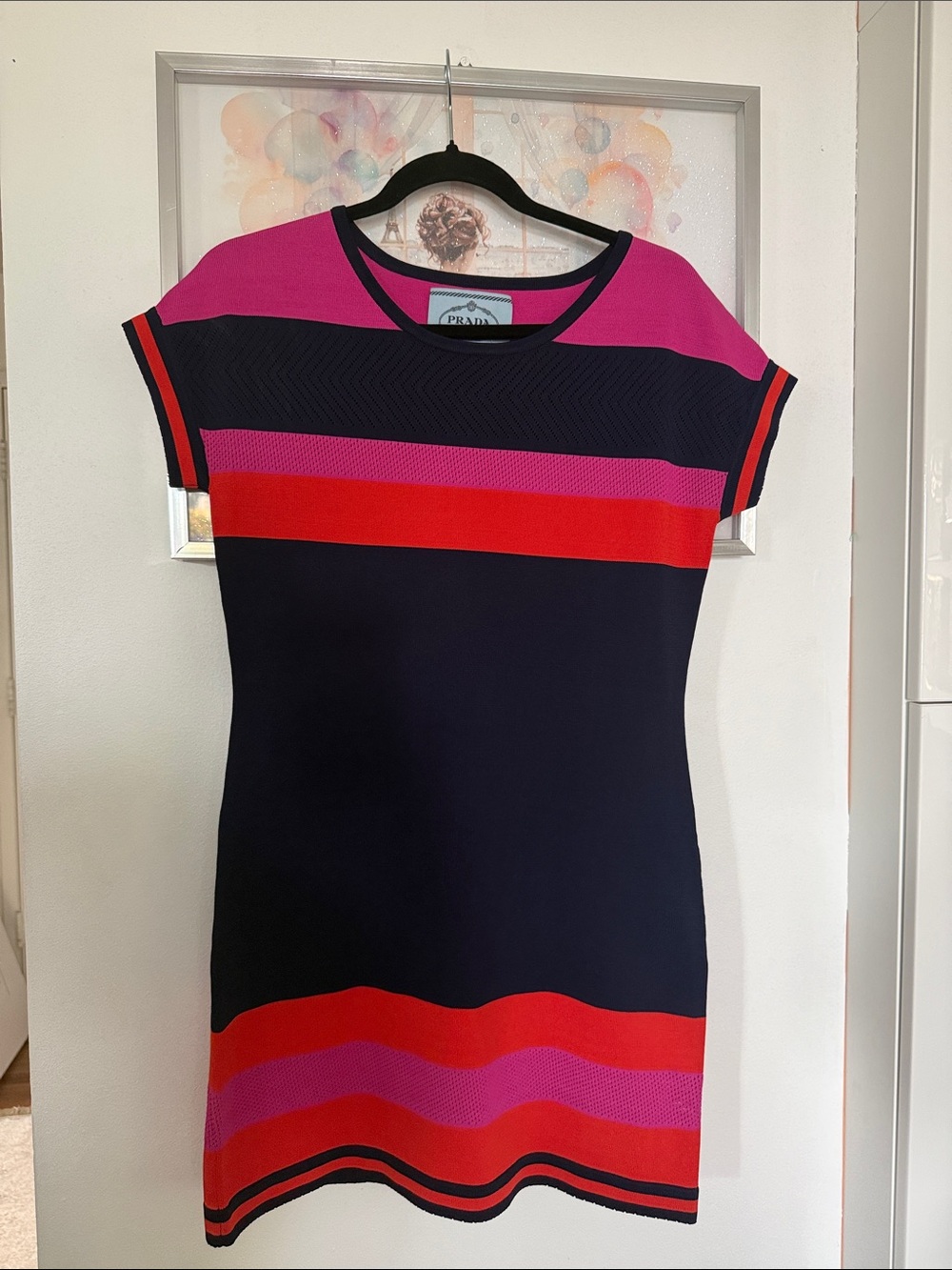 Prada Navy Mini Dress with Pink and Red Stripes